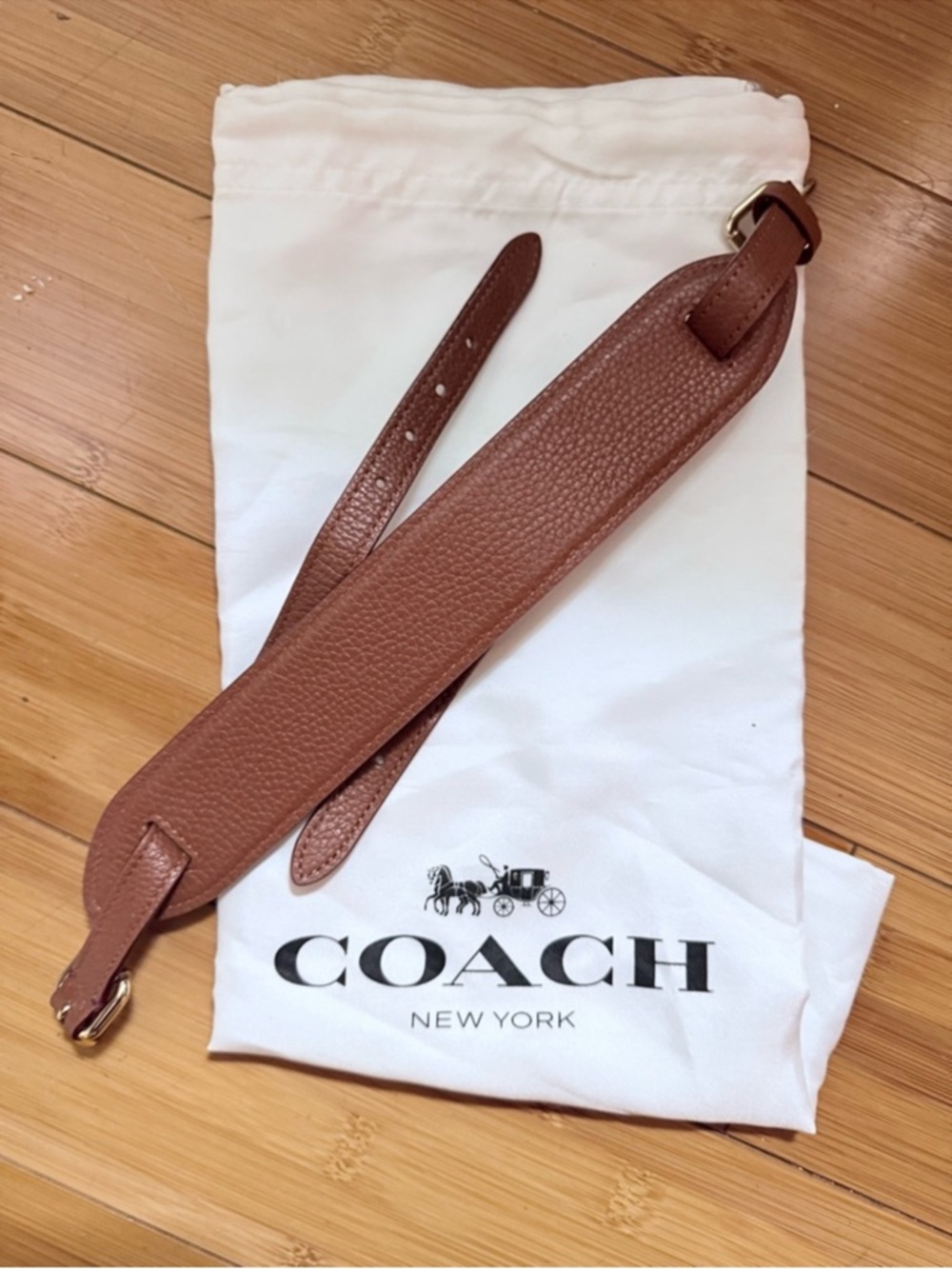 Coach Pebbled Leather Strap Tan Brown Gold Adjustable NEW w/ Dust Bag